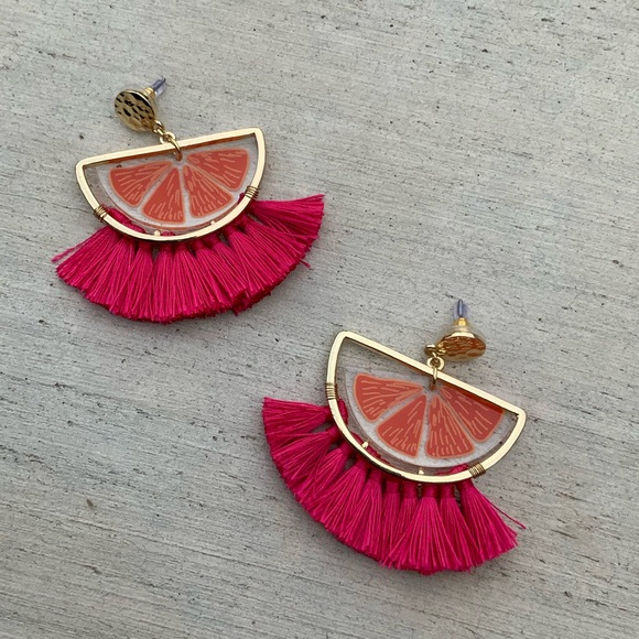 Acrylic Orange Slice Pink Fringe Tassel Earrings With Gold Tone Metal - Picture 4 of 5